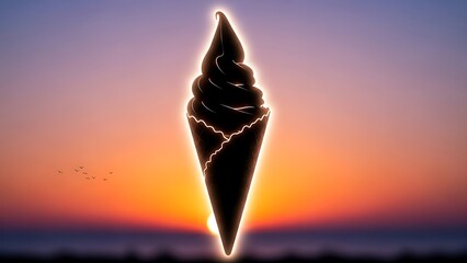 Black soft-serve ice cream cone silhouetted with a glowing outline against a beautiful sunset sky.