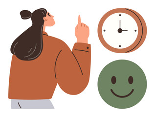 Woman gesturing to a wall clock beside a happy face, emphasizing time, positivity, and focus. Ideal for time management, motivation, planning, productivity, schedules reminders simple flat metaphor