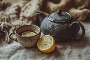 teapot and cup of herbal tea with lemon