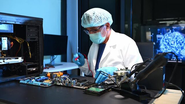Professional IT technician repairing a computer motherboard in a tech laboratory. Electronics, hardware, circuit board repair and more.