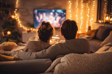 Couple enjoying romantic movie night watching tv at home