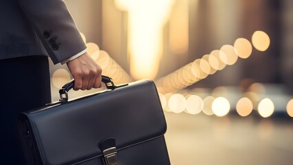 A professional person carrying a black leather briefcase in an urban setting with blurred lights.
