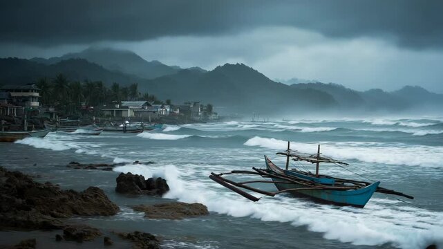 storm strike on Philippines beach shore, row boat and palm trees