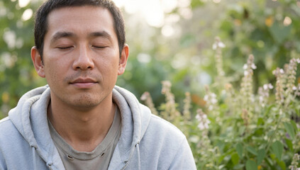 Asian man meditating with eyes closed outdoors. Mindfulness and relaxation practice in a natural garden setting. Mental health and wellness concept