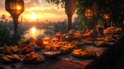 Ramadan iftar table laden with dates fruit salad samosas and rose milk with prayer mats and an ornate lantern glowing in the background