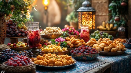 Ramadan iftar table laden with dates fruit salad samosas and rose milk with prayer mats and an ornate lantern glowing in the background