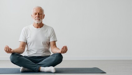 Senior man practicing yoga meditation on a mat indoors. Elderly male sitting in lotus pose with eyes closed. Health and wellness concept with copy space