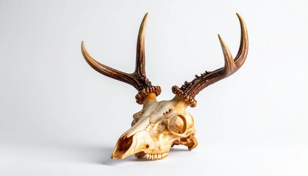 Mounted deer skull with large antlers on white background in minimalist anatomical and rustic composition
