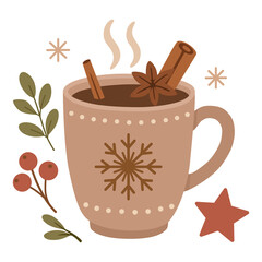 A steaming spiced drink in a snowflake mug, surrounded by festive leaves, berries, and stars, evoking cozy winter warmth and holiday cheer.