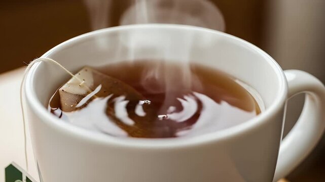 A close-up shot captures the comforting sight of hot tea steeping in a classic white ceramic mug, with delicate wisps of steam gently rising from the surface. A tea bag is immersed in the amber liquid