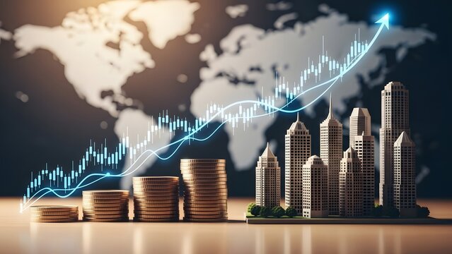 Global economic growth represented by an upward-trending stock market graph, stacks of coins, and a miniature cityscape against a world map background. - Powered by Adobe