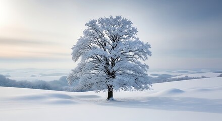 A solitary tree stands dusted in fresh snow, its branches laden against a backdrop of rolling hills and a soft, wintry sky