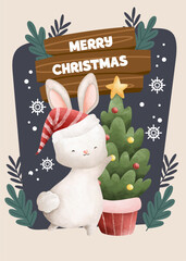 flat Merry Christmas cute bunny rabbit card poster Instagram template design