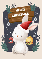 flat Merry Christmas cute bunny rabbit card poster Instagram template design