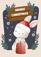 flat Merry Christmas cute bunny rabbit card poster Instagram template design