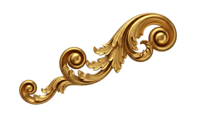 Ornate golden acanthus leaf scrollwork with swirling elements isolated on a transparent background image