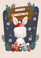 flat Merry Christmas cute bunny rabbit card poster Instagram template design