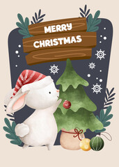 flat Merry Christmas cute bunny rabbit card poster Instagram template design
