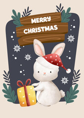 flat Merry Christmas cute bunny rabbit card poster Instagram template design