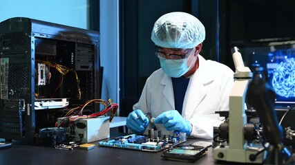 Professional IT technician repairing a computer motherboard in a tech laboratory. Electronics, hardware, circuit board repair and more.