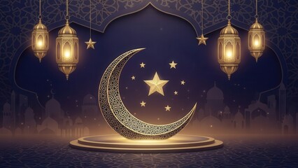 Elegant golden crescent moon and shining stars displayed on a podium, surrounded by illuminated Islamic lanterns and traditional patterns, creating a spiritual festive ambiance.