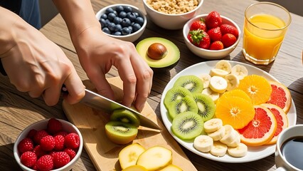 Person preparing a vibrant healthy breakfast with a variety of fresh fruits, including kiwi, berries, and citrus, alongside juice and cereal on a wooden table.