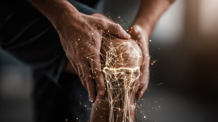 Person experiencing intense knee joint pain visualized with glowing digital network structure