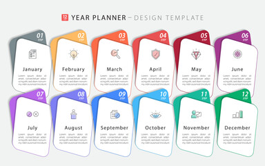 Timeline Creator infographic template. 12 months timeline journey, 1 year calendar infographics design template. presentation graph. Business concept with 12 options or steps, vector illustration.