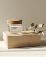 Skincare cosmetic jar mockup with natural wood lid
