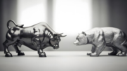 Metallic bull and bear figurines facing each other, symbolizing stock market trends and financial investment concepts in a grayscale setting.