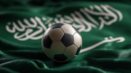 Soccer ball resting on the green flag of Saudi Arabia during a friendly match event in the late afternoon