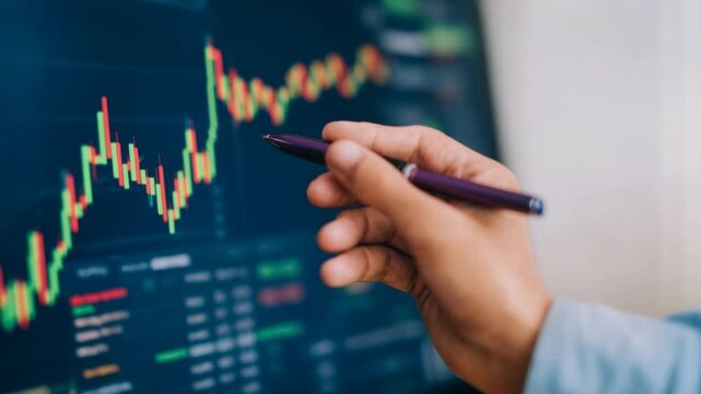 Hand with pen points at rising financial chart on glowing screen representing stock market analysis trading strategy and dynamic investment growth concept