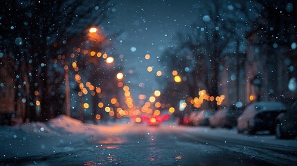 snowfall and defocused lights evening wintry city. High quality