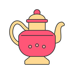 Teapot Flat design style, ornate teapot icon, symbolizing antique tea service and hospitality, useful for vintage kitchen or lifestyle designs.