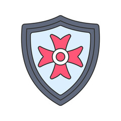 Shield Flat design style, heraldic shield with cross motif, representing protection and heraldry, ideal for medieval, history, or emblem designs.