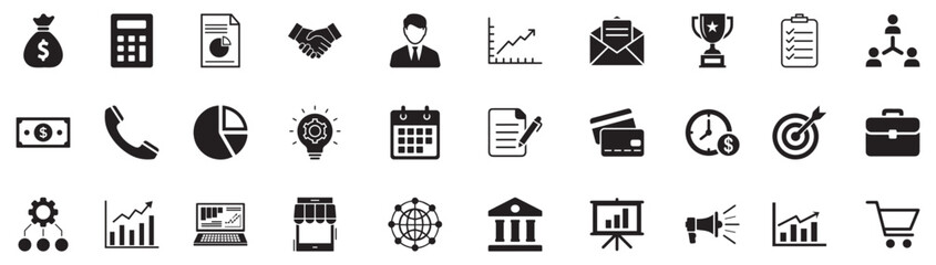 Business and finance icon set. Vector glyph pictograms of briefcase, chart, money, banking, accounting, handshake, calendar, corporate, marketing, investment concept black silhouette. vector eps file.
