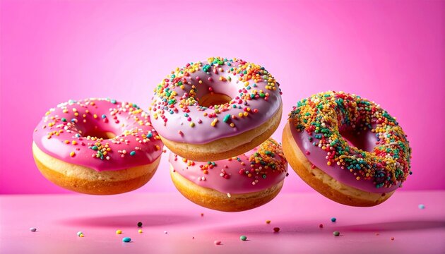Floating pink frosted donuts with colorful sprinkles against vibrant pink background in playful motion composition - Powered by Adobe