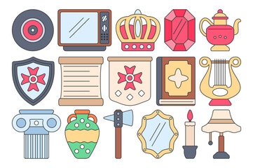 Flat antique icons set with crowns, scrolls, pottery, shields, musical lyre, and vintage household items, perfect for history, museum, decor, vintage, and retro themed designs.