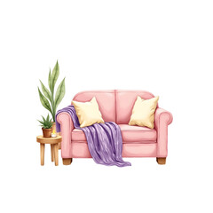 Cozy pink sofa with pillows and plant on transparent background