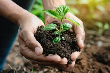 Hands holding young plant seedling growing in soil