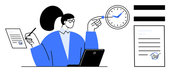 Female professional holding documents, laptop, pen, and pointing at clock for time management concept. Ideal for productivity, scheduling, multitasking, business planning, organization deadlines
