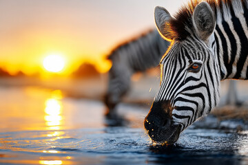 Obraz premium Zebra drinking water at sunset with reflections creating a serene wildlife scene