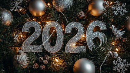 Sparkling 2026 numbers adorn a festive christmas tree with warm glowing lights