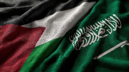 Flags of Palestine and Saudi Arabia overlap on a surface showing the colors and symbols of both nations in close-up detail