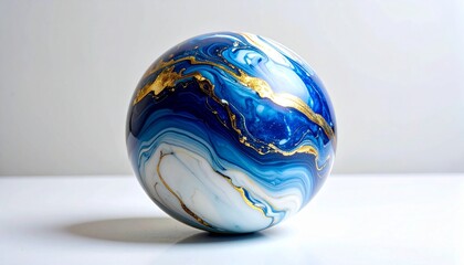 Marbled sphere with swirling blue, white, gold, and brown patterns on white background in abstract decorative style