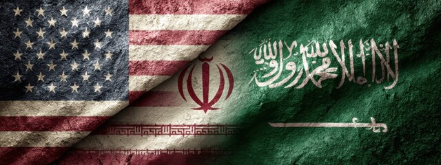 Flags of the United States, Iran, and Saudi Arabia on a textured background represent political relations among nations