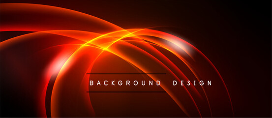 Abstract red design features curved lines, glowing effects. Dark background enhances vibrant illumination, modern aesthetic.