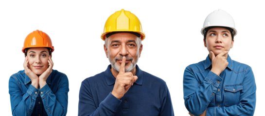 Diverse group of three construction workers, two young women and one senior man, wearing hard hats with different expressions on a transparent background.