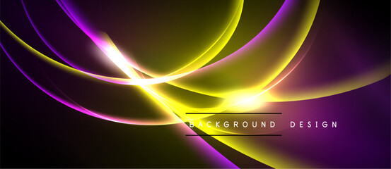 Abstract design features flowing yellow, purple light curves. Dark background emphasizes bright energy, modern aesthetic.
