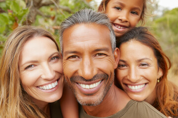Smiling family portrait with joyful expressions in a natural outdoor setting